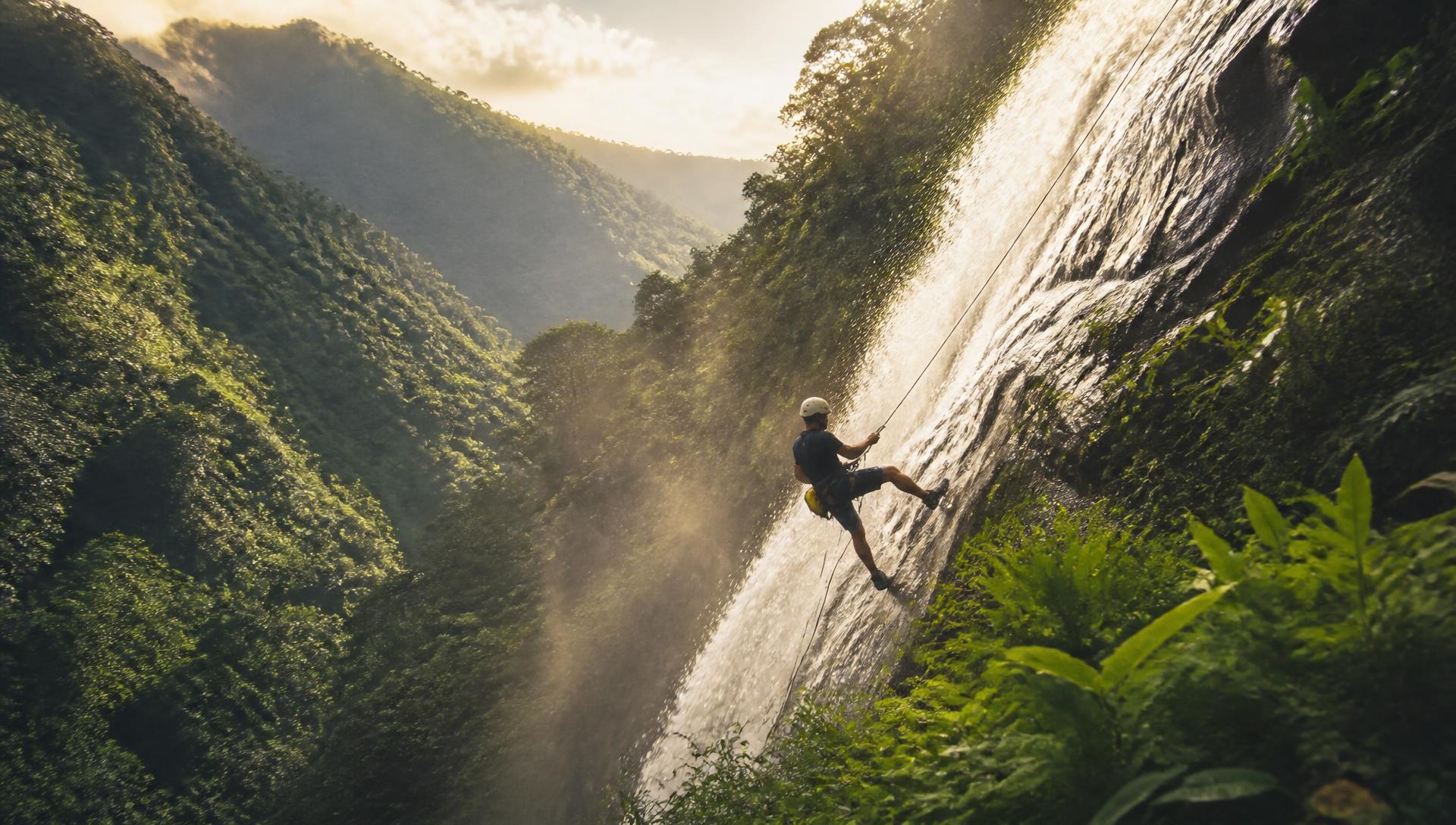 Canyoneer rappelling down a jungle waterfall near Puerto Vallarta
