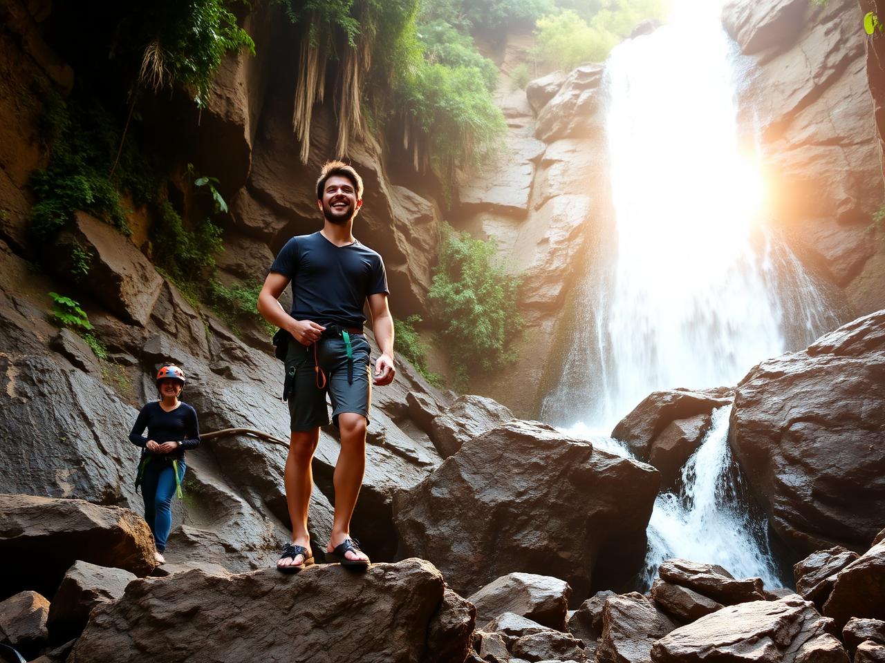 Couple on a private canyoning tour beside a waterfall